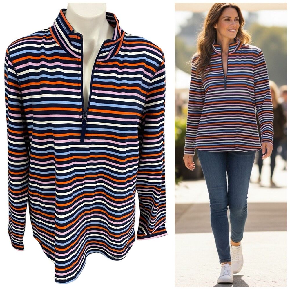 St Johns Bay Womens XL Multi Color Striped Quarter Zip Long Sleeve Active Top